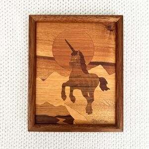 Signed Wood Marquetry Artistic Unicorn Inlay Art Wall Hanging Jeffrey Nelson